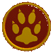 Circular gold and brown icon with a golden paw print on a dark red background, shown from multiple angles including front, side, and rotated views.