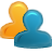 Two overlapping stylized human figures with rounded heads and shoulders, one orange and one blue, on a light gray background.