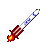 Two pixelated rocket icons with white bodies, blue accents, and red-brown striped bases; each has a yellow-orange flame at the bottom against a gray background.
