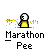 Pixelated character with white head and yellow body emits yellow sparkles, text reads "Marathon Pee" below.