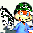 Pixelated character with green helmet, orange face, blue shirt, and black-and-white prop resembling a weapon or tool.