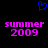 Blue pixelated heart symbol above two identical pink text blocks reading 'summer 2009' on black background.