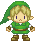 Pixel art character with green tunic, brown belt, and pointed ears in two poses against gray background.