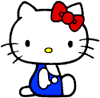 White cartoon cat with red bow, yellow nose, blue overalls; four expressions in : open eyes left-top, closed eyes right-top, winking eyes bottom-left, open eyes bottom-right