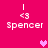 Pixelated pink background with four identical 'Spencer' text blocks, each above a '<3' symbol and vertical line; two heart symbols animate into view at different positions.