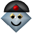 Pixelated diamond-shaped icon with light blue face, black smile, yellow eyes with black pupils, and dark gray cap with red circular emblem.