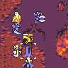 Pixel art scene with multiple characters on a purple background, featuring fiery red-orange terrain and a blue-and-white circular object.