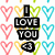 Pixelated icon with 'I LOVE YOU' text surrounded by colored heart outlines in pink, yellow, green, and cyan on white background.