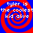 Red and blue spiral background with white pixelated text reading "tyler is the coolest kid alive" repeated four times in a