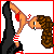 Animated contact sheet of a pixel-art character in red bikini top and striped shorts performing a kissing motion with an unseen figure, ending with text "get LOW!" on the final frame.