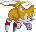 Pixelated character with yellow hair and brown highlights, white face, black eyes, red accents on limbs, blue-purple clothing details, standing against gray background.