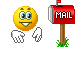 Animated sequence of a yellow smiley face interacting with a red mailbox labeled 'MAIL' on a gray background, showing actions like waving, holding envelopes, and displaying 'SPAM'.