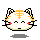 Two pixel art frames of a white cat-like mascot with orange stripes and red cheeks, displayed side-by-side on a gray background.