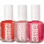 Six nail polish bottles in red and pink hues with white caps arranged horizontally, one bottle has a black '<3' symbol on its label.