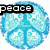 A circular blue peace sign icon with pixelated patterns and text overlays reading 'peace', 'out', and 'boyscout' across different frames.