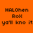 Orange background with black pixelated text arranged in four quadrants, each showing variations of 'HALOhen', 'RoX', and 'ya'll kno it' across white rectangular overlays.