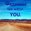 A static image shows a desert road under a blue sky with text reading 'Happiness lies within YOU.'