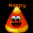 Pixelated candy corn with large eyes and a smiling mouth, displayed in three variations against black background.