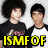 Two people stand side-by-side with yellow text 'ISMF OF' overlaid, next to a white electric guitar on pink and beige background.