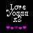 Pixelated text 'Love Yoga Is' with pink and purple heart symbols below, displayed on a black background.