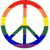 Rainbow-colored peace symbol with red, orange, yellow, green, blue, purple segments on white background.