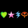 Animated sequence of colorful icons including hearts, stars, lightning bolts, and eyes on a black background with repeated text overlays.