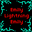 Black background with cyan pixelated lightning bolts forming a border around red text reading "Emily Lightning Emily" in four quadrants.