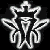 A white stylized symbol on black background with a central triangular shape and curved extensions, next to a pixelated figure in green and brown clothing against light blue sky.