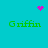 Cyan background with four green 'Griffin' text blocks and three pink pixel clusters: one heart, one starburst, and one dot cluster.
