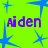 A bright green background with scattered blue starbursts and repeated purple text "Aiden" in a pixelated font.
