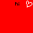 Red background with two black 'hi' texts and a white pixelated heart symbol in the center.