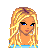 Pixel art contact sheet of three animated frames showing a blonde woman, a partial female figure in jeans, and a dog with a sword, each paired with text elements.
