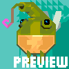 Pixel art character with green body, blue eyes, and orange belly against teal background; pink heart shape on left side; white text "PREVIEW" at bottom.