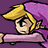 Pixelated character with blonde hair and purple cape extends arm forward against solid purple background.