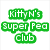 Green spherical character with orange base in multiple poses, text 'Kittyn's Super Pea Club' in green block letters on left.