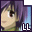 Pixelated anime-style character with purple hair and light skin, shown in three views with subtle facial expression changes.