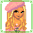 Pixel art buddy icon featuring a cartoon character with blonde hair and pink beret next to bold text reading PRETTY IN PINK within green border frame.