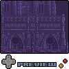 Pixel art of a Gothic-style building facade with arched windows and railings, displayed within a preview interface featuring directional pad and button icons.
