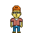 Pixel art character with orange cap, dark sunglasses, pink short-sleeve shirt over white undershirt, blue pants, and brown shoes on gray background.