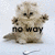 A fluffy light brown cat with dark eyes stands upright on a white background, holding its paws up in front of it. A silver spoon lies below the cat.