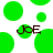 Green circular shapes float on white background with brown text 'JOE' appearing in two positions.