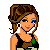 Pixel art contact sheet showing three frames of an animated buddy icon with a woman's face, torso, and legs alongside green text reading "At the moment I Feel Like the Luckiest Person in the World! ~Meg".