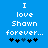 Blue background with white pixelated text reading "I love Shawn forever..." and five black-and-blue heart symbols below.