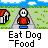 Animated contact sheet showing 11 frames of a pixel art character eating dog food in a cartoonish outdoor scene with houses and grass.