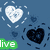 Blue background with white and black heart shapes, four colored text labels reading 'live', 'love', 'laugh', 'learn' in green, red, yellow, purple respectively.