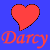 A static image shows two red hearts and the name 'Darcy' in matching colors on a blue background, with one heart inverted on a red background.
