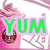 Pixelated icon with green 'YUM' text on pink background, featuring a brown crescent-shaped object and purple line elements.