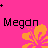 four and four shows the name 'Megan' in black pixelated text with an orange flower graphic below it on a bright pink background