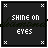 Pixelated black square with white text 'SHINE ON EYES' and four corner X symbols, transitioning to a version with white border and plus signs at corners.