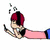 Pixel art character with red hair in multiple poses: lying down, standing, and holding a pink baton or gun against white and purple backgrounds.